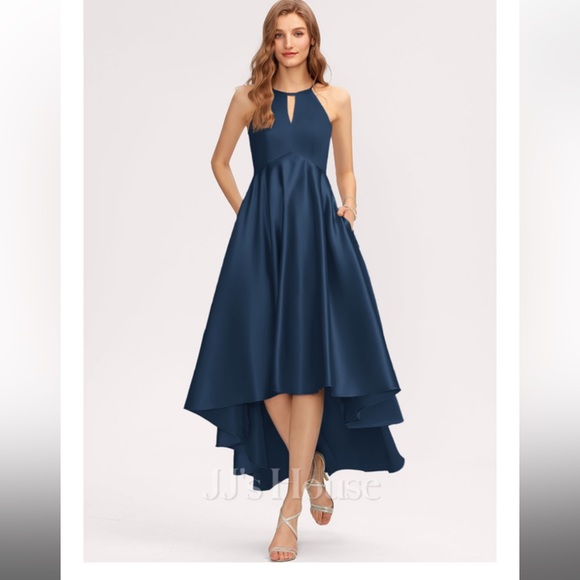 JJs House Dresses & Skirts - JJ’s House A-line Scoop Asymmetrical Satin Dark Navy Bridesmaid Dress Size 2